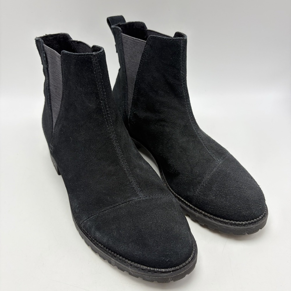 Toms Suede Chelsea Ankle Boots Black Womens 7 Slip On Pull Tab Caspule Comfort